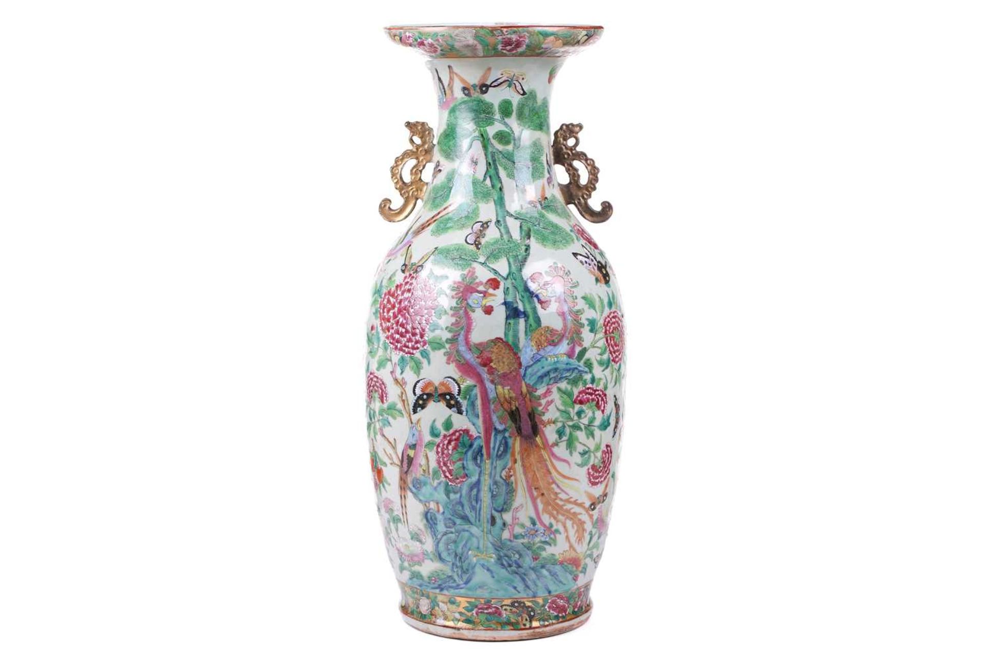 A large Chinese Famile Rose baluster vase, Qing Dynasty, probably Daoguang, with stylized fungus