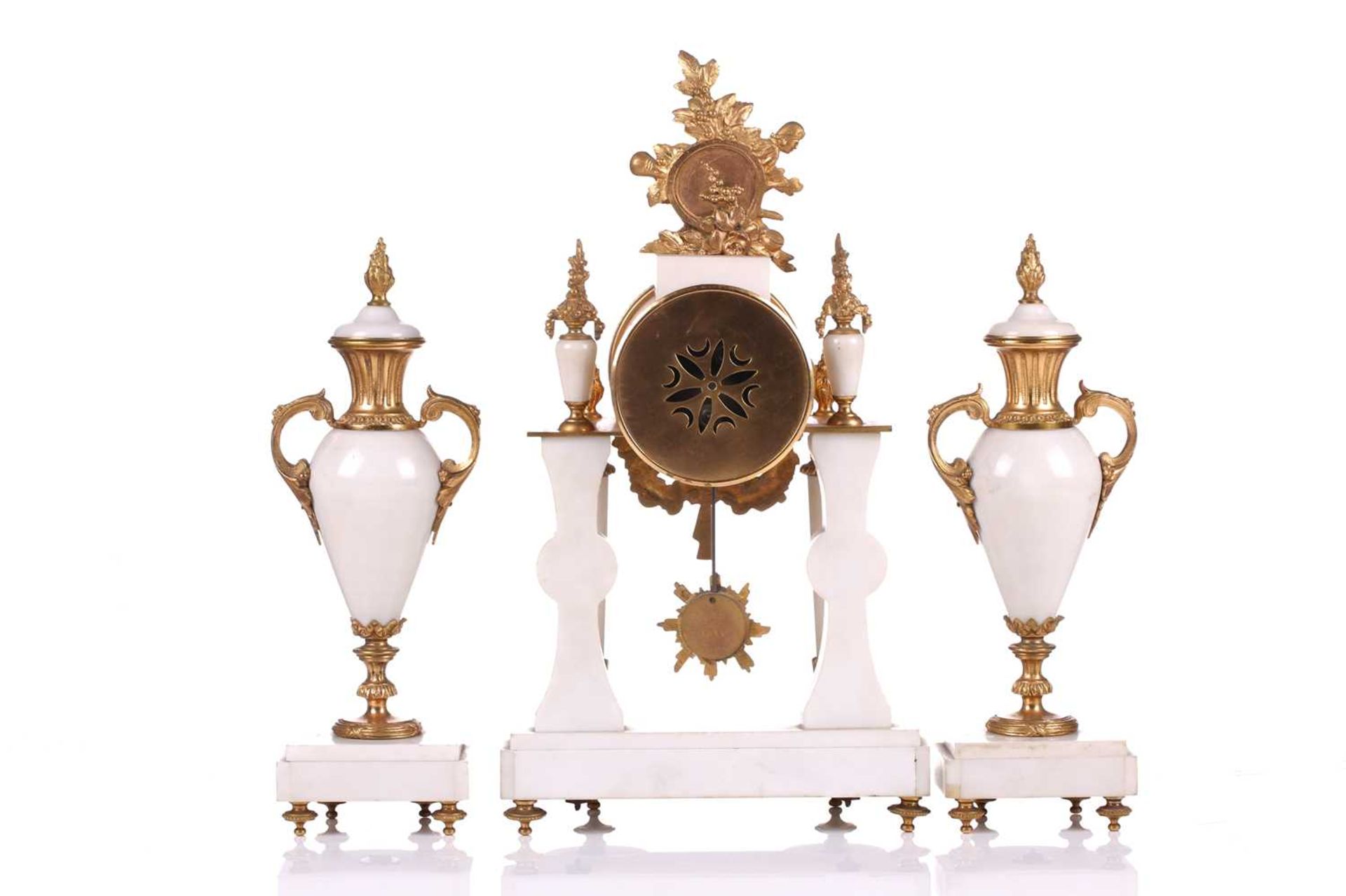A Louis XVI-style white marble and ormolu 8-day clock garniture, early 20th century, fitted with a - Image 5 of 12
