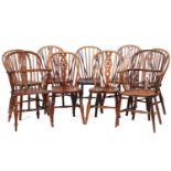 A mixed set of 19th-century ash and elm Windsor chairs to include two similar "Bullrush Backed"