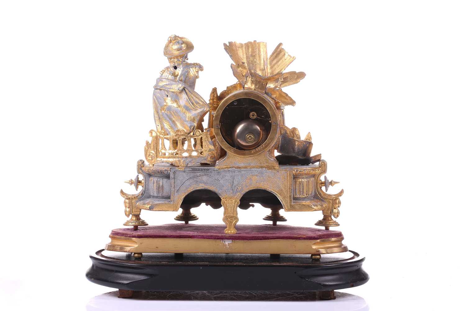A late 19th century French parcel gilt spelter clock, depicting a nobleman standing beside a drum - Image 4 of 14