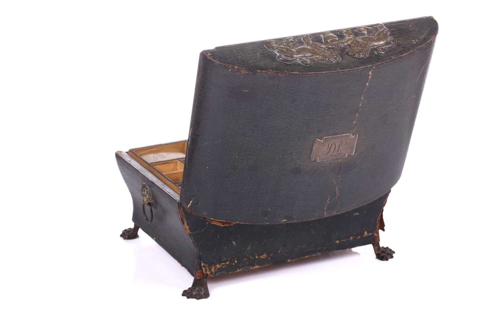 A Regency sewing box of casket form, green morocco decorated with brass appliques, on four lion - Image 11 of 19