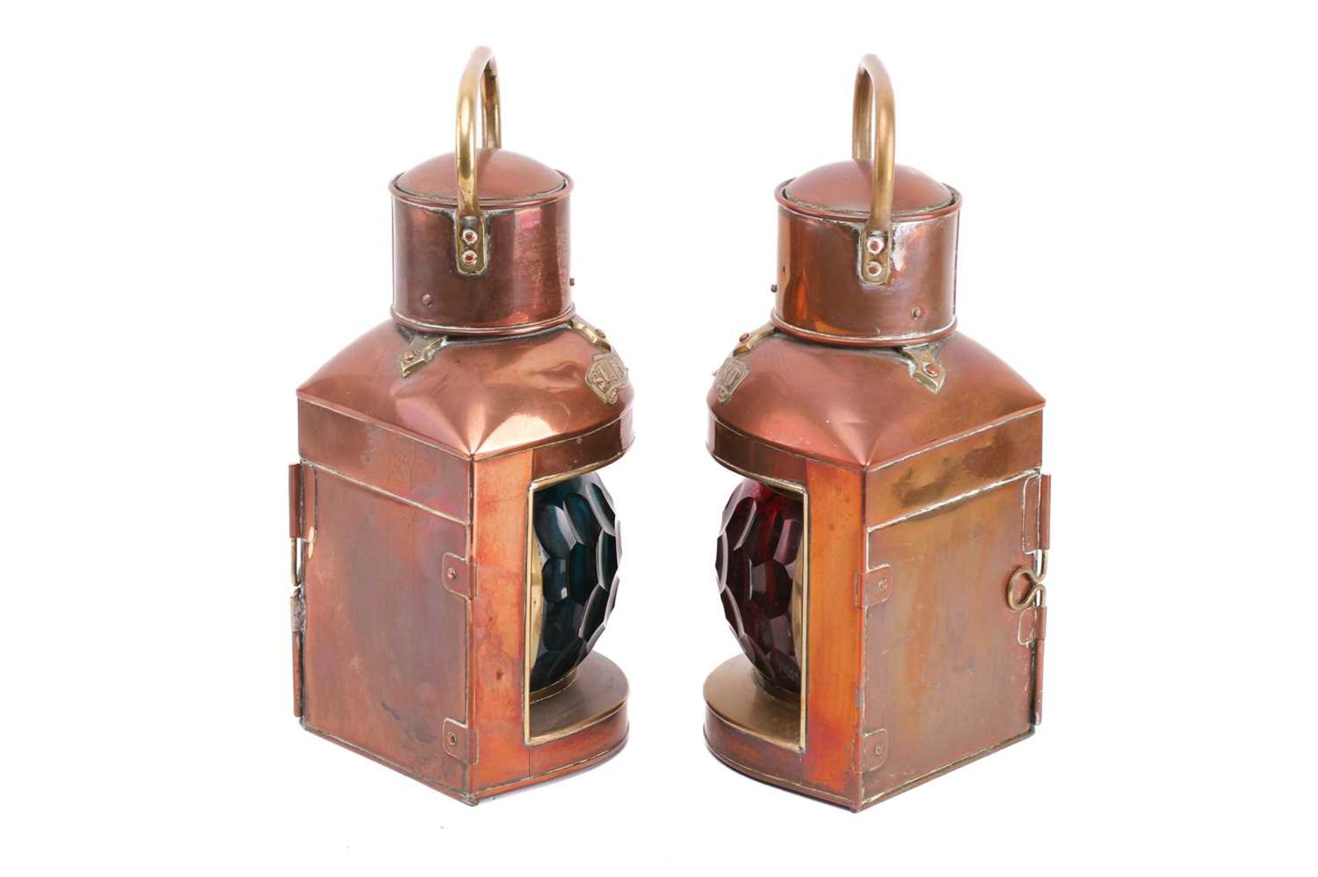 A pair of copper and brass ship's port and starboard lamps with oil burners and faceted green and - Image 5 of 7