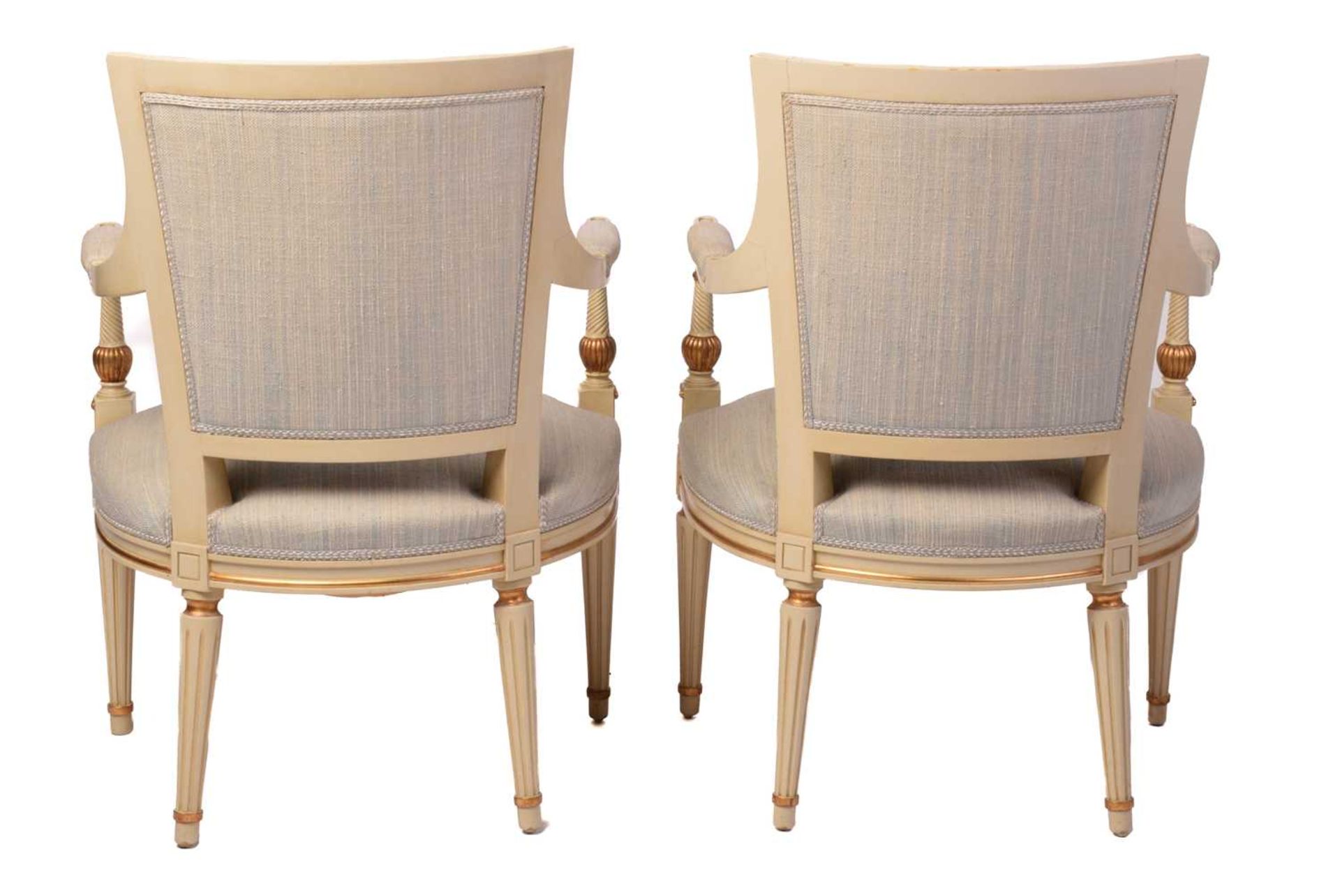 A pair of French fauteuils, 20th century, with upholstered arm rests, back and seat, the sprung seat - Image 9 of 10