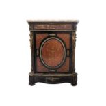 A 19th century French boulle work and ebonised pier cabinet, the later marble top over a scroll form