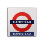 A large contemporary TFL enamel railway station sign, for 'Hampstead', 126.5 cm x 127 cm.Private