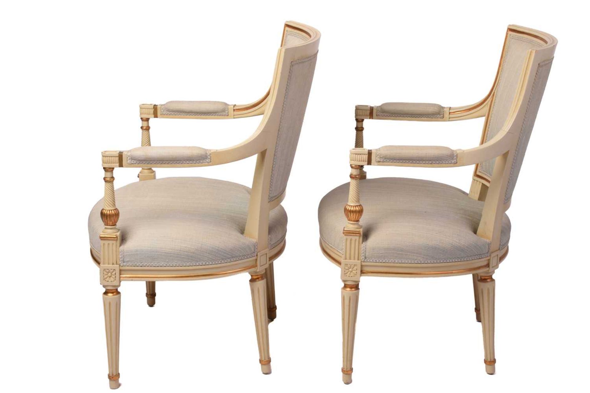 A pair of French fauteuils, 20th century, with upholstered arm rests, back and seat, the sprung seat - Image 10 of 10