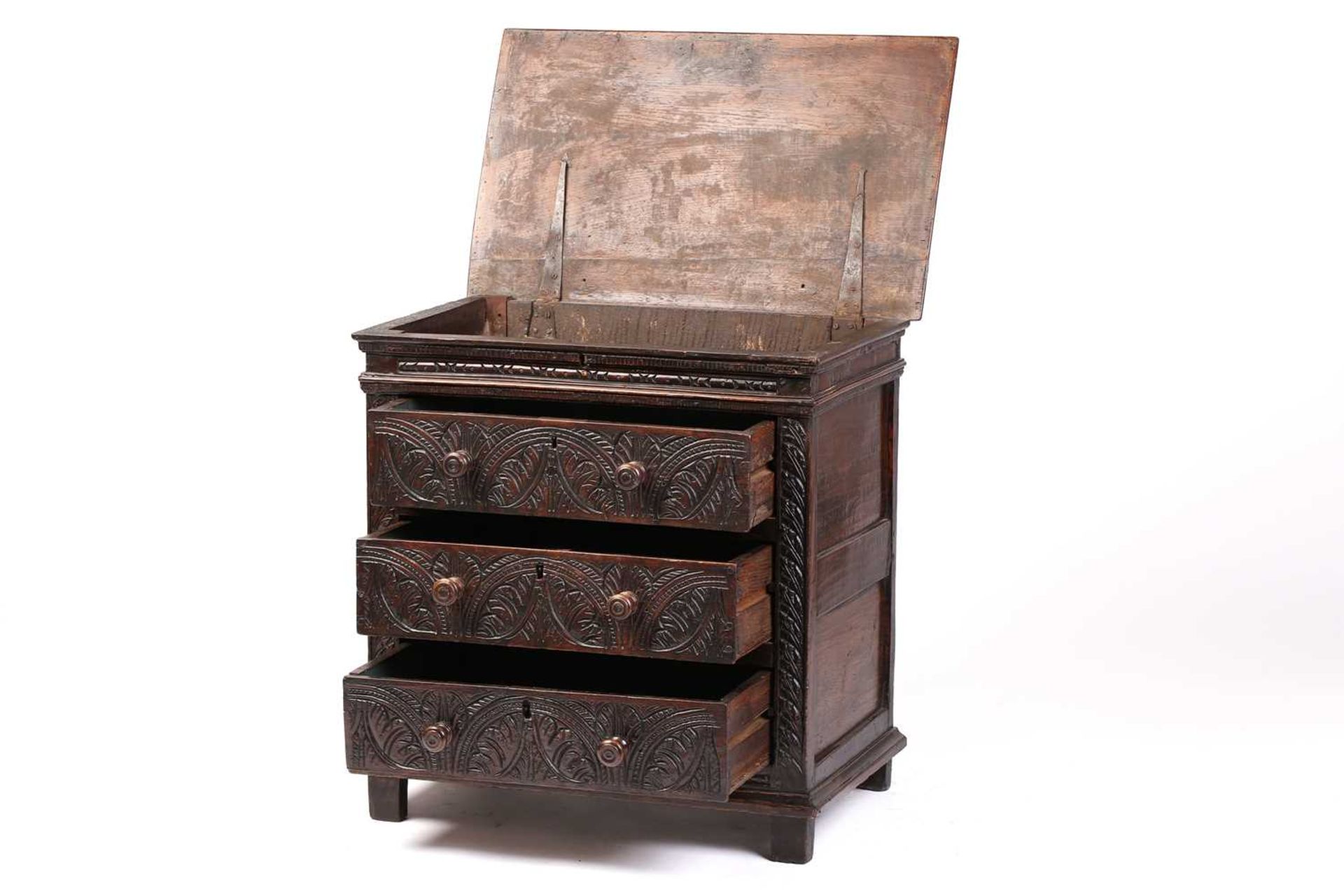 A carved oak 17th-century style three-drawer chest (17th century period timber and later, re- - Image 3 of 9