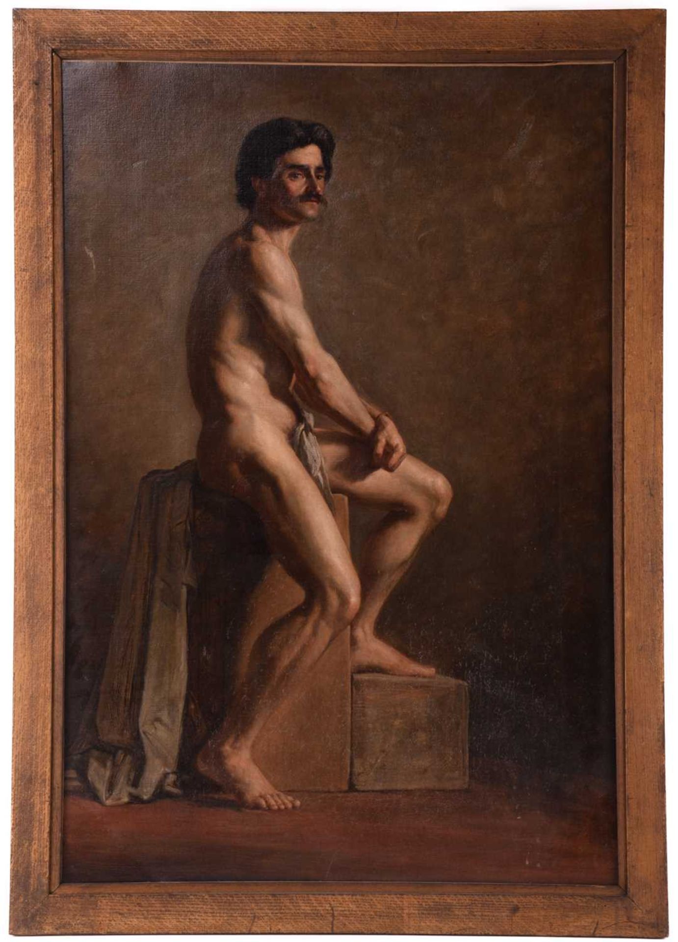 Frederick George Cotman (British, 1850-1920), Male Nude seated (Italian), oil on canvas, inscribed - Image 2 of 9