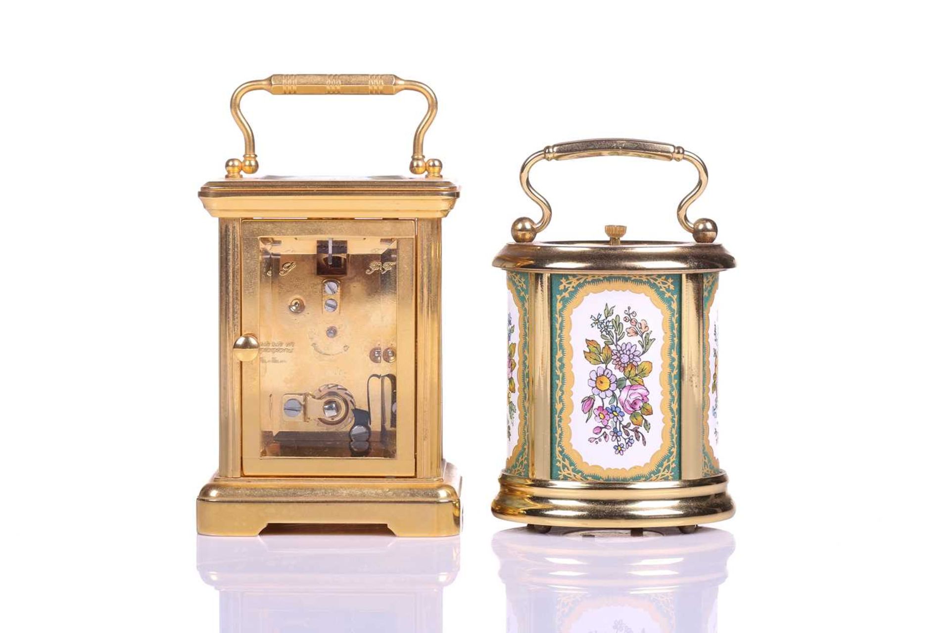 A Halcyon Days hard enamel and gilt brass miniature corniche-cased timepiece decorated with river - Image 3 of 9