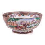 A Chinese Famile Rose circular porcelain hunting punch bowl, Qing Dynasty, Qianlong, painted