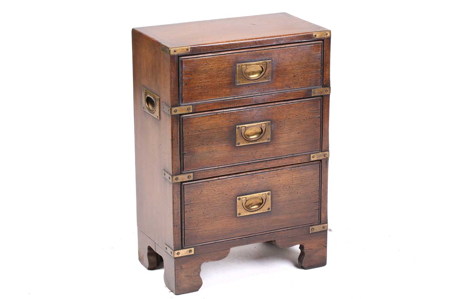 A small brass-bound mahogany campaign style three-drawer pedestal chest of drawers, 20th century, - Image 2 of 10
