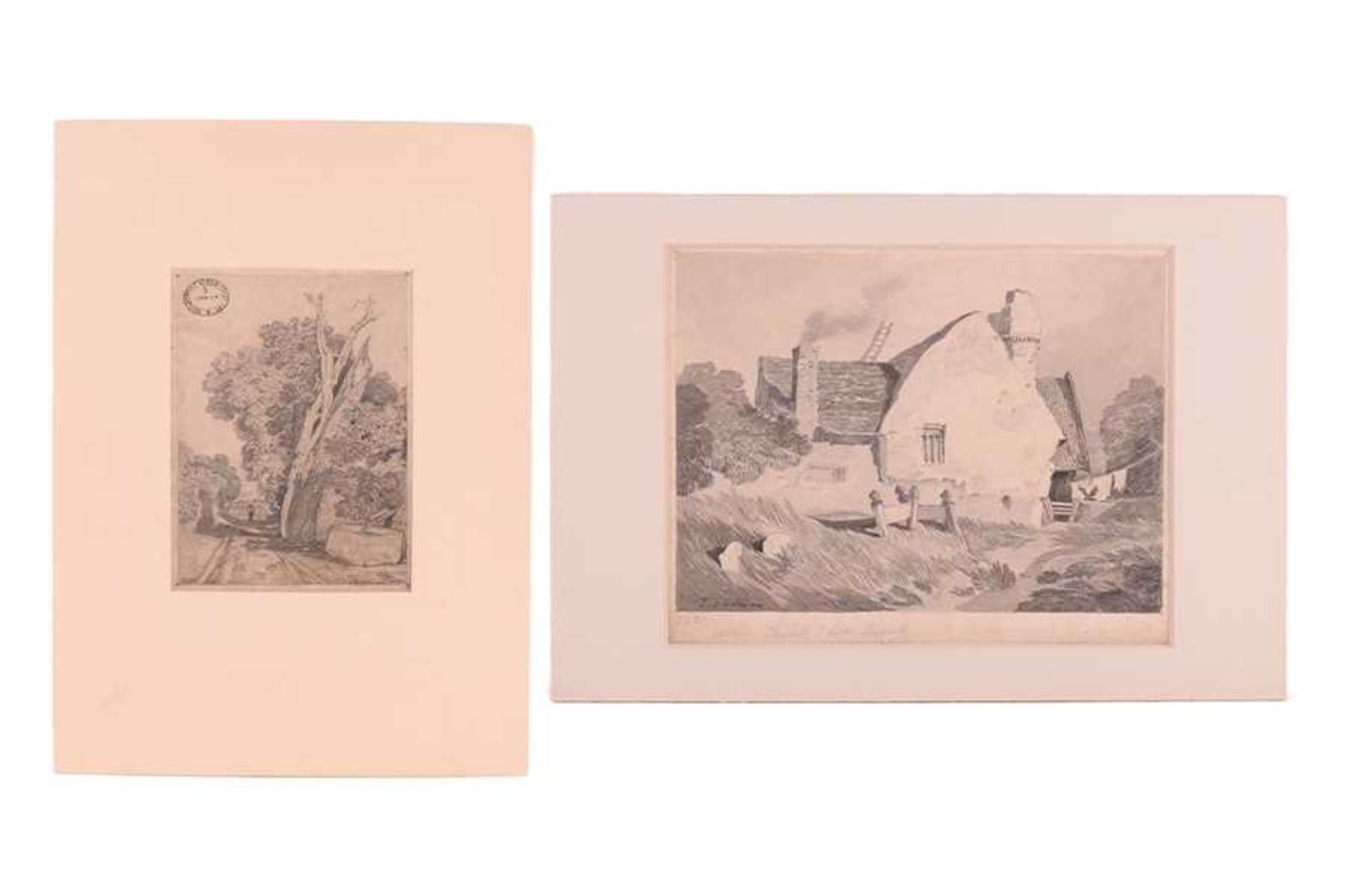 John Sell Cotman (1782 - 1842), 'Rural Lane with Figure and Water Trough', signed, pencil sketch,