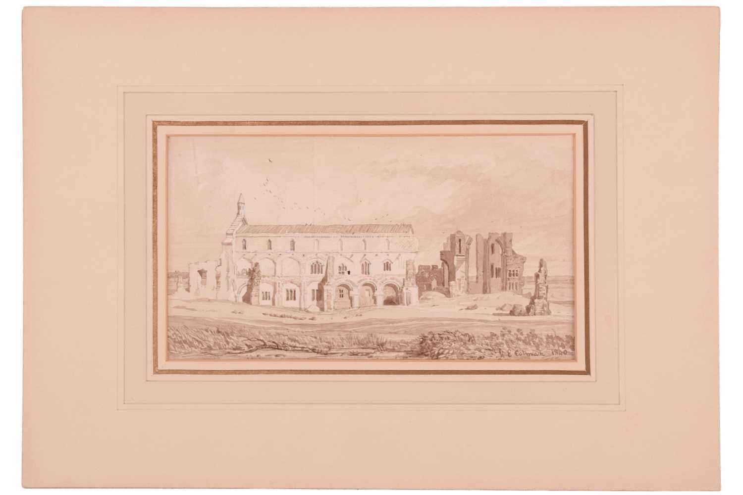 Miles Edmund Cotman (1810 - 1858), 'Binham Priory' signed and dated 1840, monochrome watercolour, - Image 2 of 6