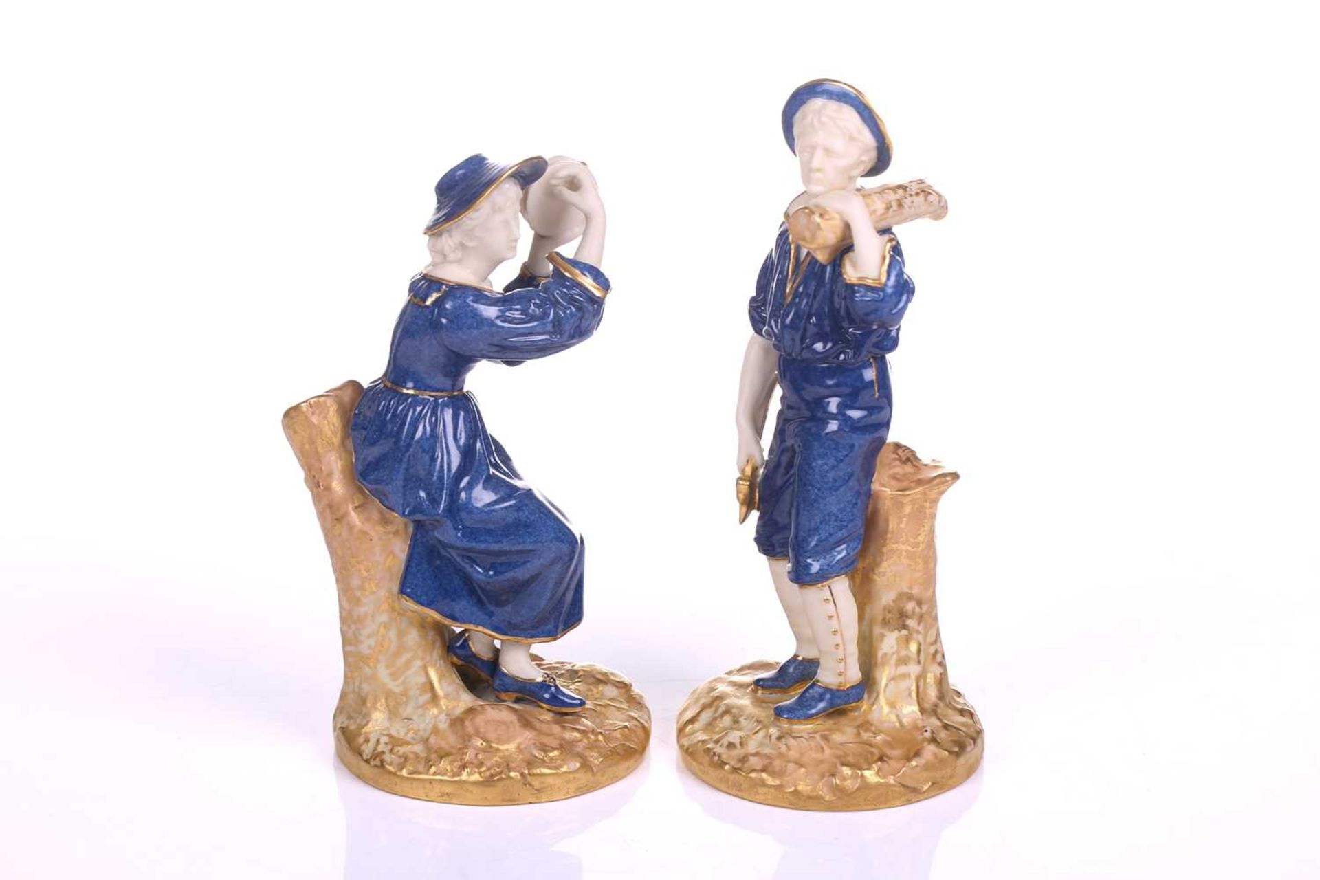 A series of six Royal Worcester James Hadley blush gilt and powder blue porcelain figures involved - Image 3 of 11