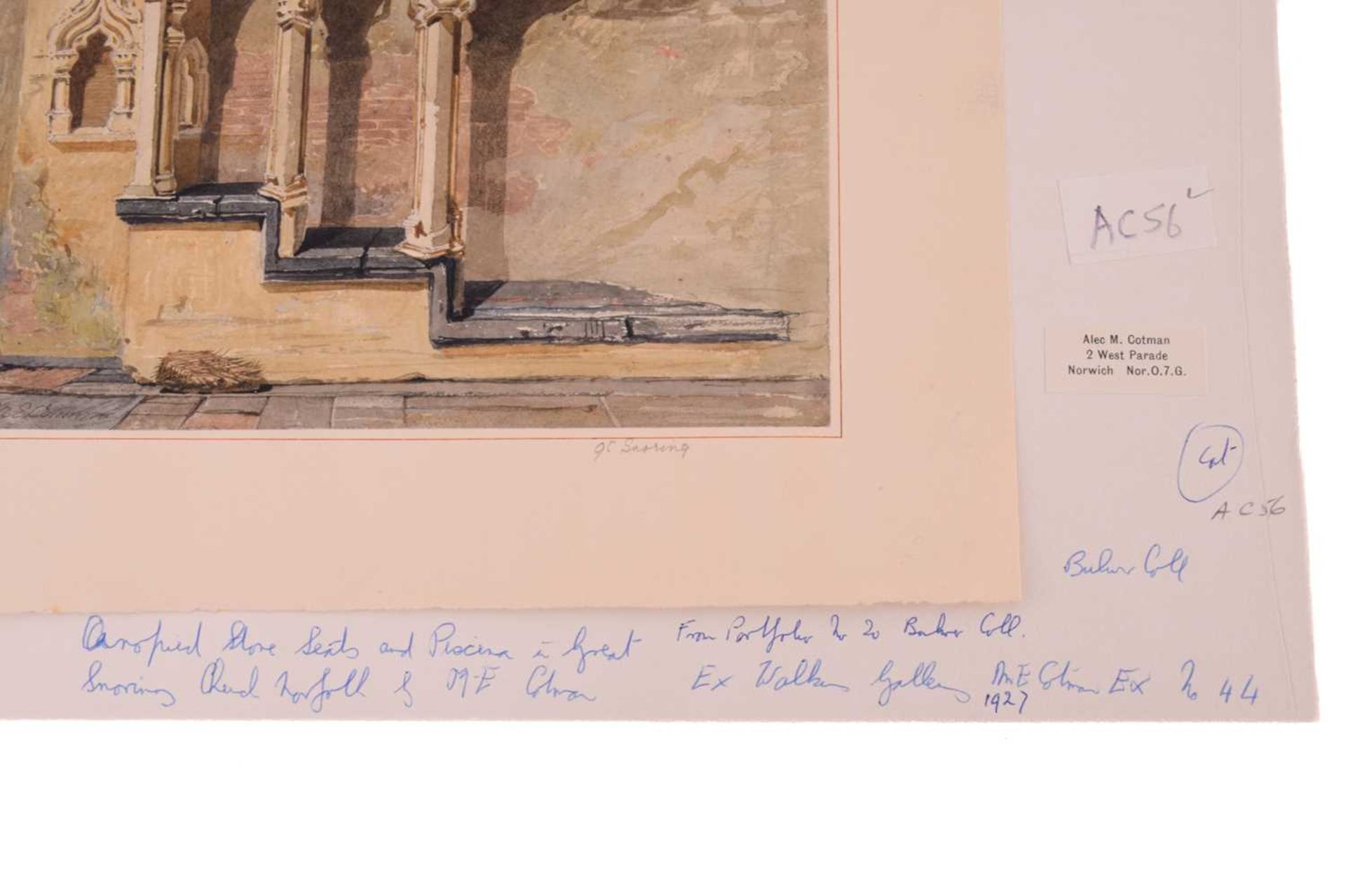 Miles Edmund Cotman (1810 - 1858) 'Sedilia & Piscina in Great Snoring Church, Norfolk', signed, - Image 6 of 6