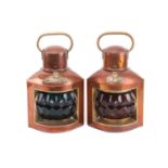 A pair of copper and brass ship's port and starboard lamps with oil burners and faceted green and