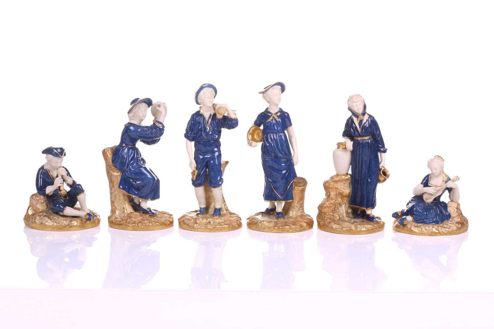 A series of six Royal Worcester James Hadley blush gilt and powder blue porcelain figures involved