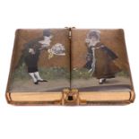 A 19th-century Continental tooled leather bound double photograph album, the cover painted with a