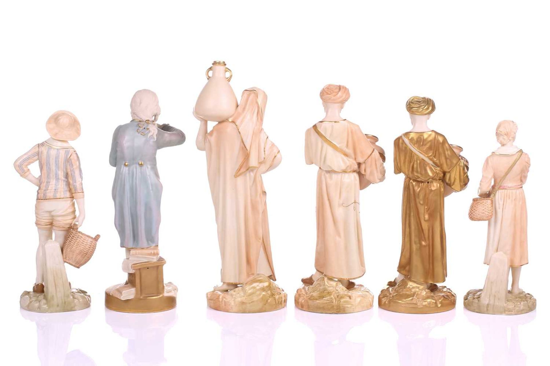 A collection of Six James Hadley for Royal Worcester, stained ivory and shot silk porcelain figures, - Image 3 of 9