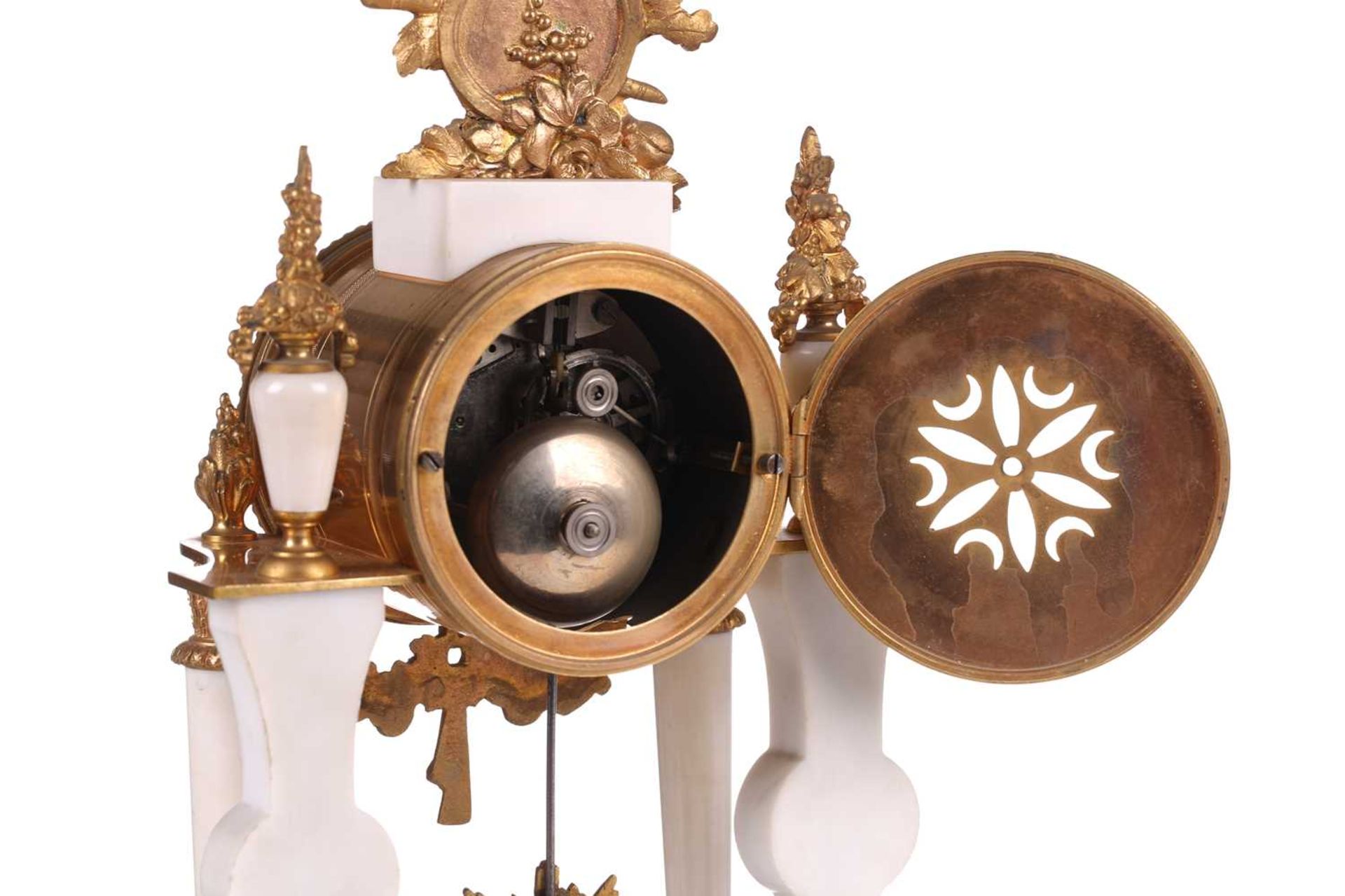 A Louis XVI-style white marble and ormolu 8-day clock garniture, early 20th century, fitted with a - Image 4 of 12