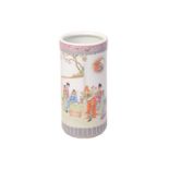 A 20th-century Chinese ceramic cylindrical stick stand, the body decorated with noblemen and