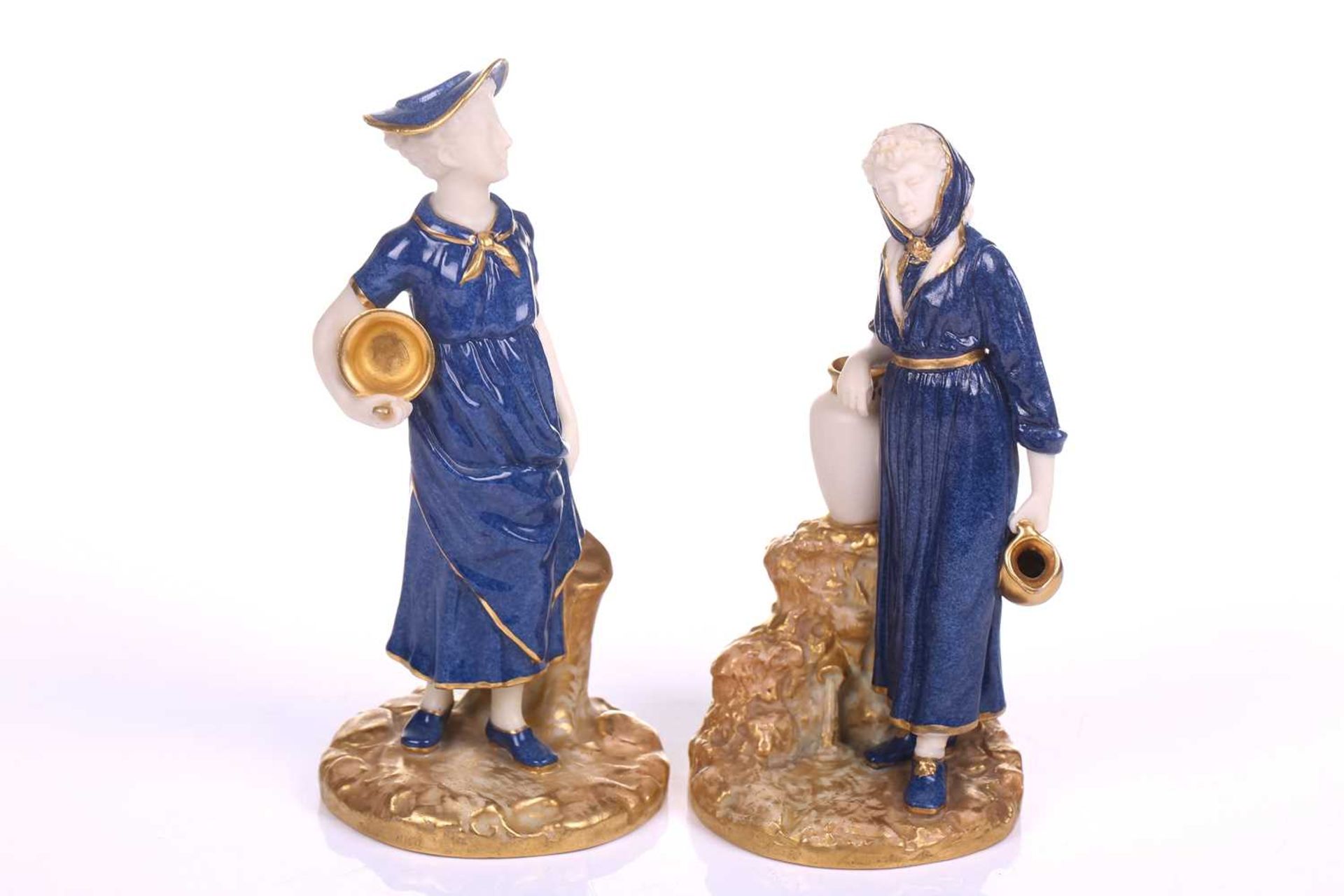 A series of six Royal Worcester James Hadley blush gilt and powder blue porcelain figures involved - Image 7 of 11