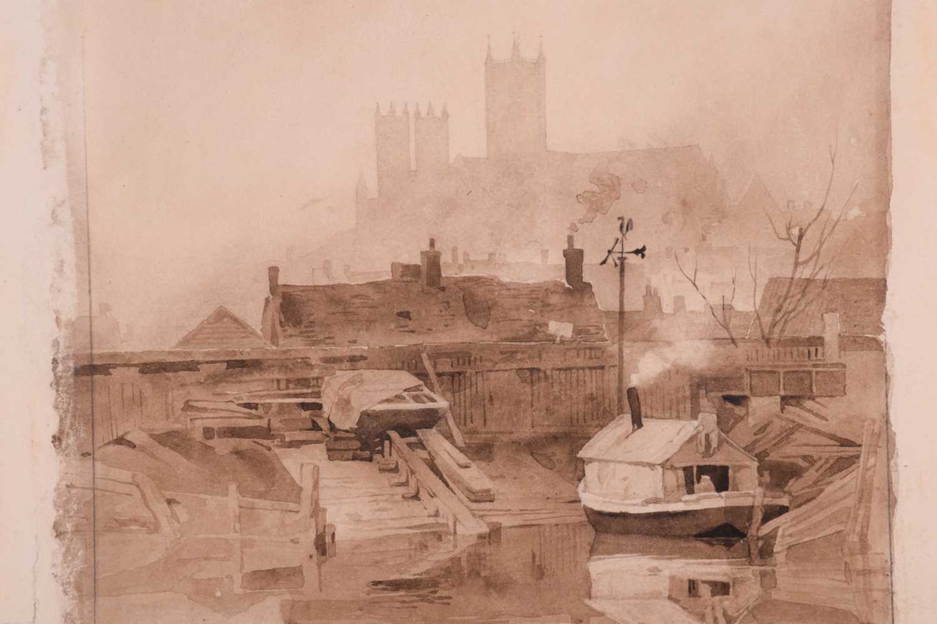 Frederick George Cotman (1850 - 1920), 'Lincoln Cathedral (from the river)', signed, monochrome, - Image 6 of 12
