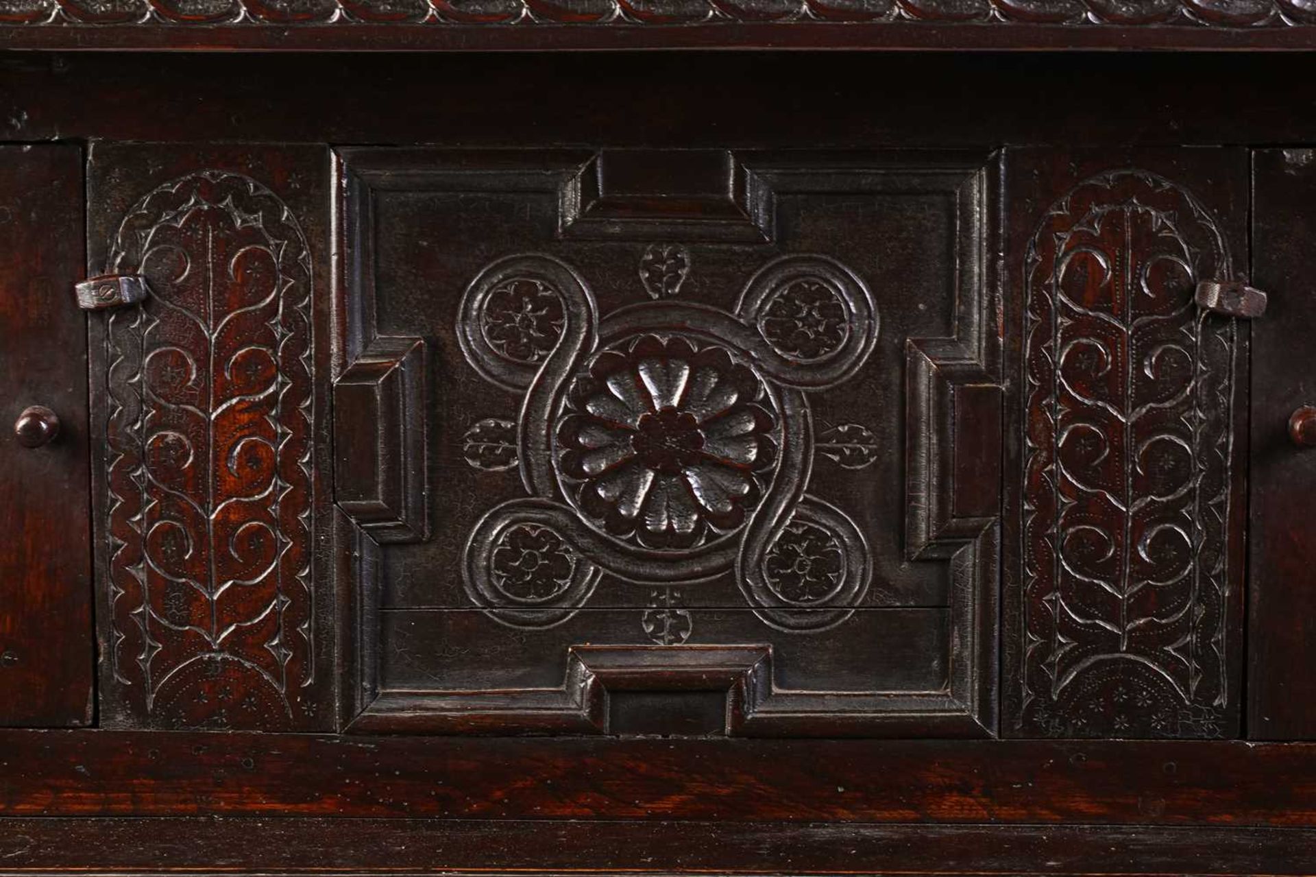 A part 17th century joined oak court cupboard, two recessed cupboard doors flanked by heavy turned - Image 4 of 6