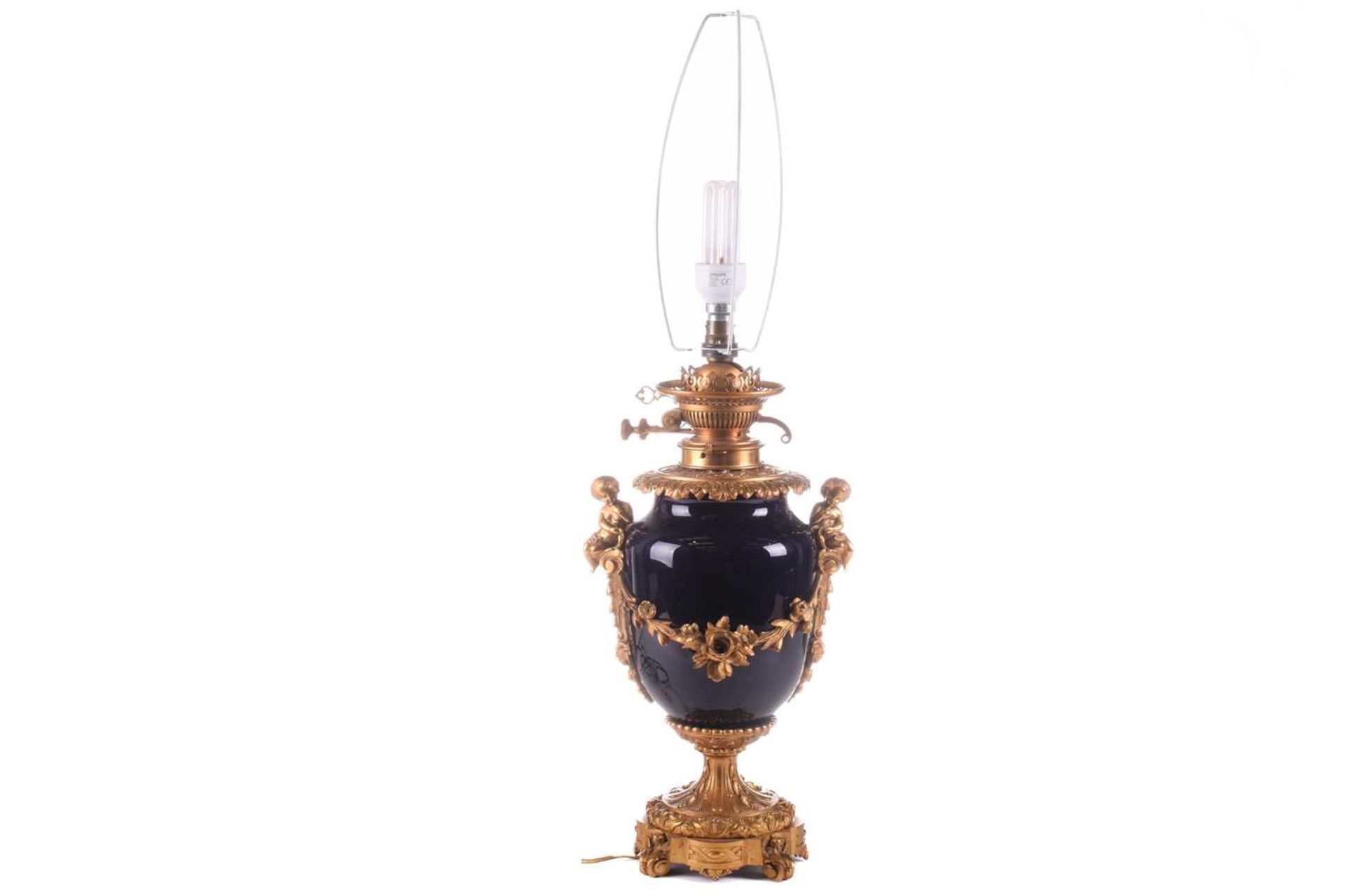 A large French ormolu and cobalt-blue ceramic table lamp, originally converted from an oil lamp, - Image 2 of 7