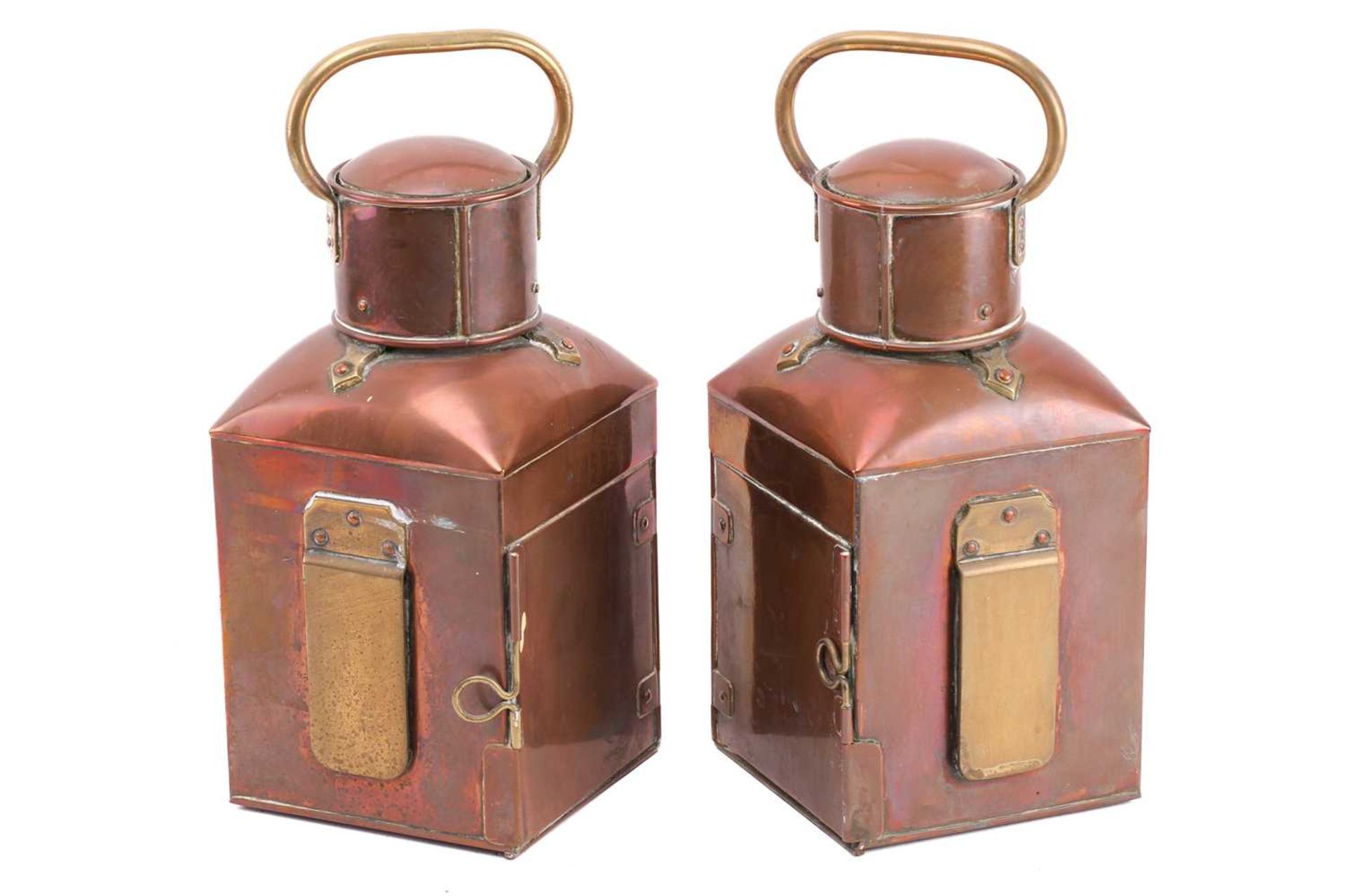 A pair of copper and brass ship's port and starboard lamps with oil burners and faceted green and - Image 3 of 7