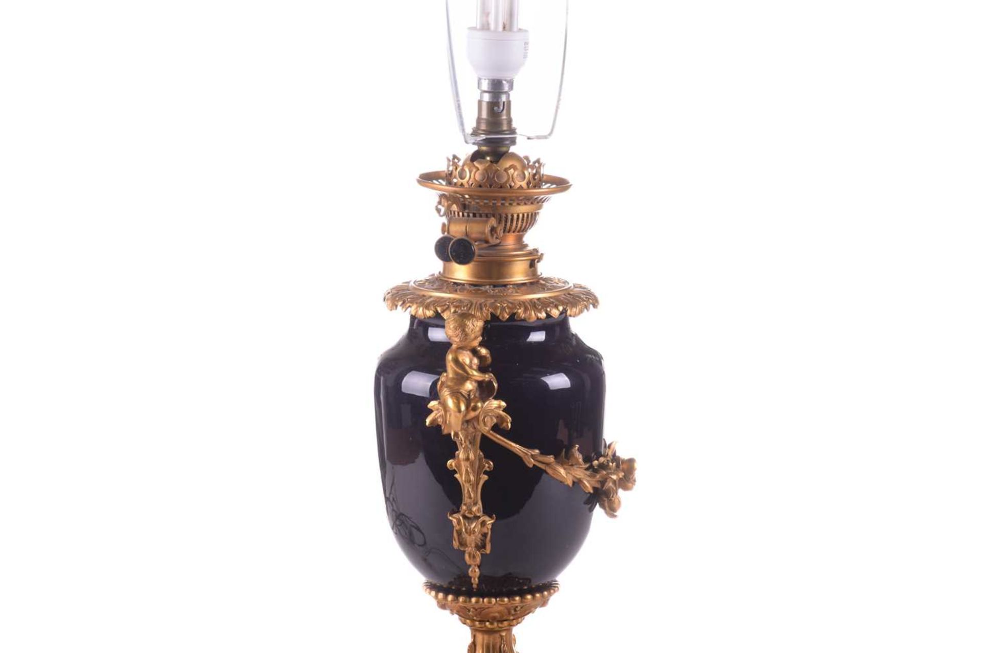 A large French ormolu and cobalt-blue ceramic table lamp, originally converted from an oil lamp, - Image 7 of 7