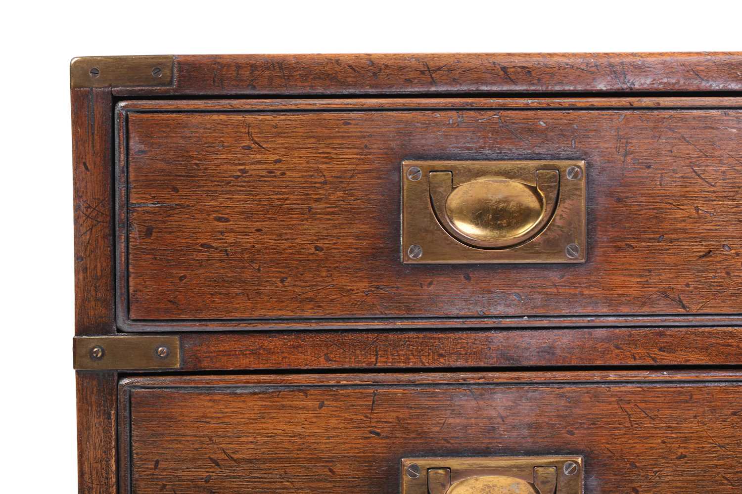 A small brass-bound mahogany campaign style three-drawer pedestal chest of drawers, 20th century, - Image 6 of 10