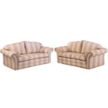 A pair of contemporary good quality traditional two-seat sofas with damask effect broad striped