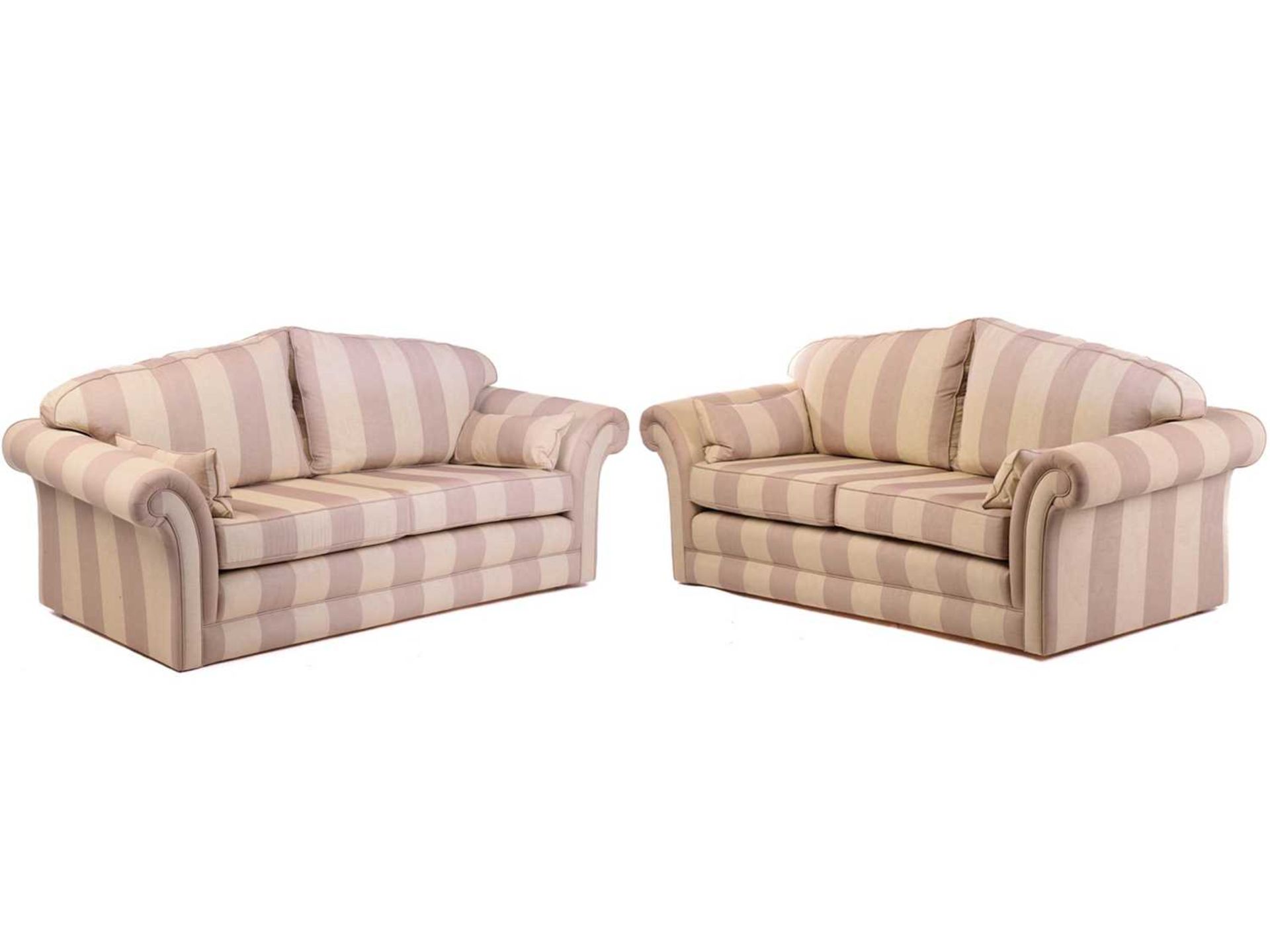 A pair of contemporary good quality traditional two-seat sofas with damask effect broad striped