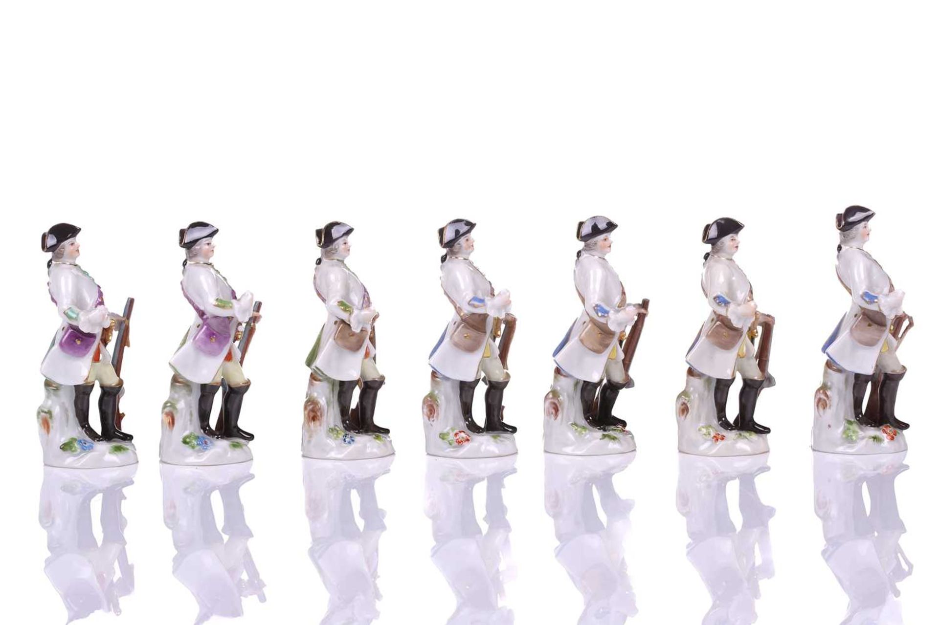 A group of seven Meissen porcelain soldier figures, 20th century after the 18th century originals, - Image 2 of 7