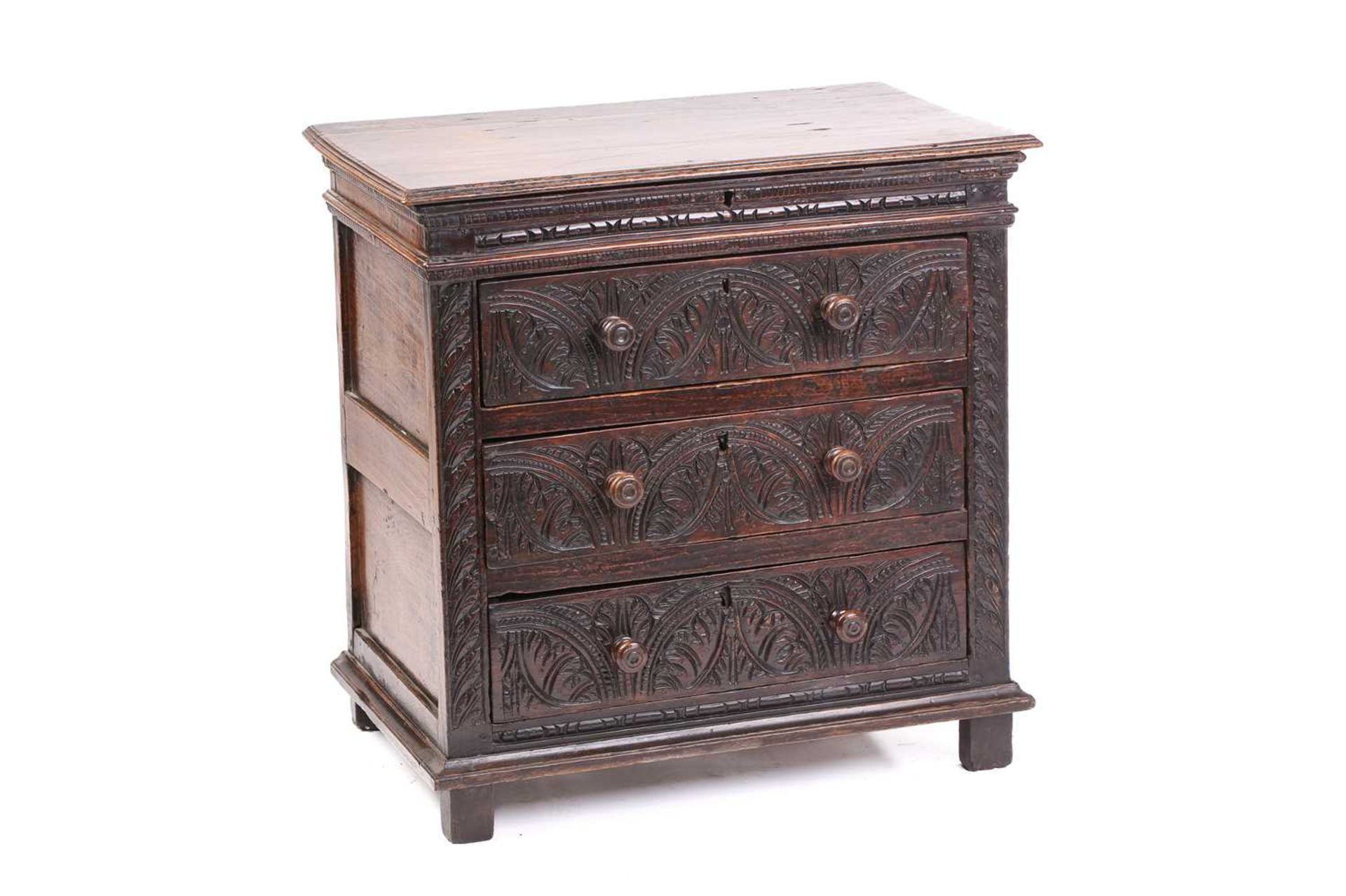 A carved oak 17th-century style three-drawer chest (17th century period timber and later, re- - Image 4 of 9