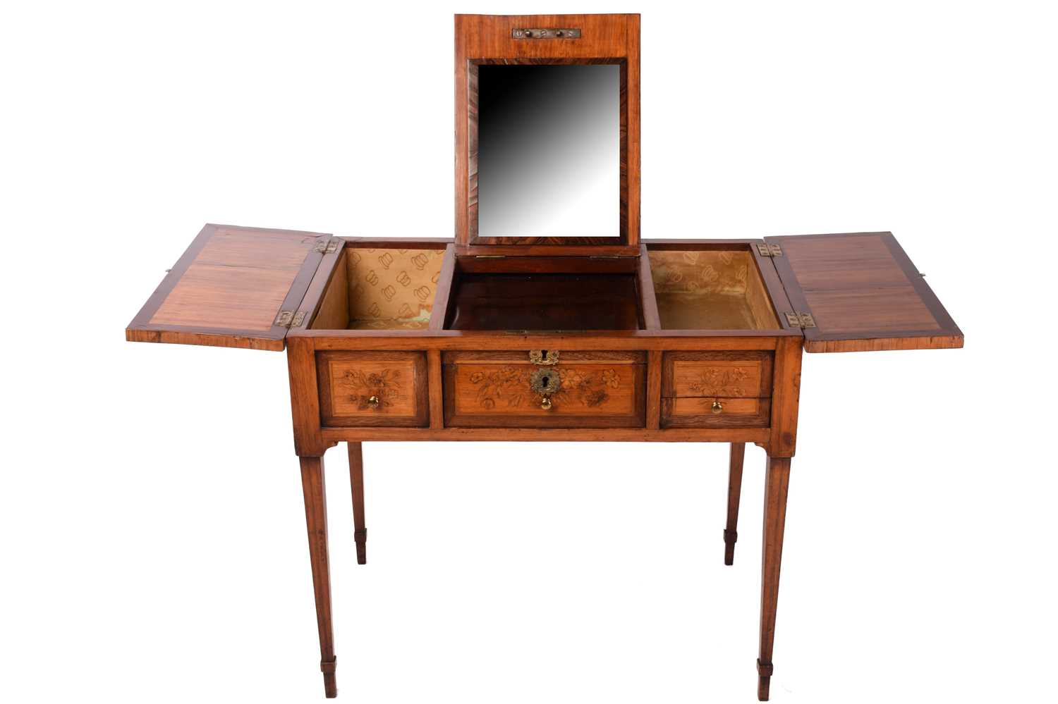 A French marquetry inlaid kingwood poudreuse dressing table decorated with flowers and musical