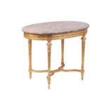 A Louis XVI style oval marble-topped centre table, 20th century with shaped decorative stretcher and