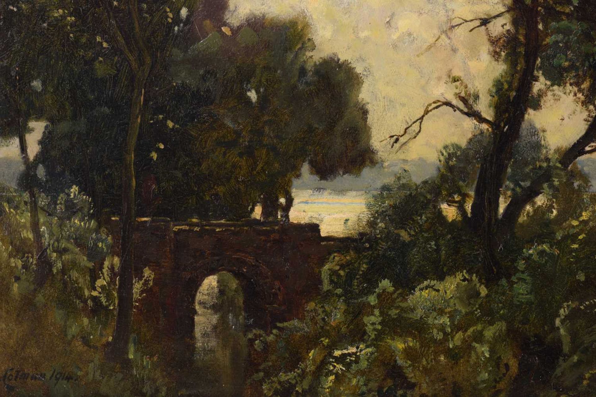 Frederick George Cotman RI. ROI. (British, 1850-1920), 'Full Summer Bridge and Trees', signed and - Image 3 of 11