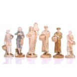 A collection of Six James Hadley for Royal Worcester, stained ivory and shot silk porcelain figures,