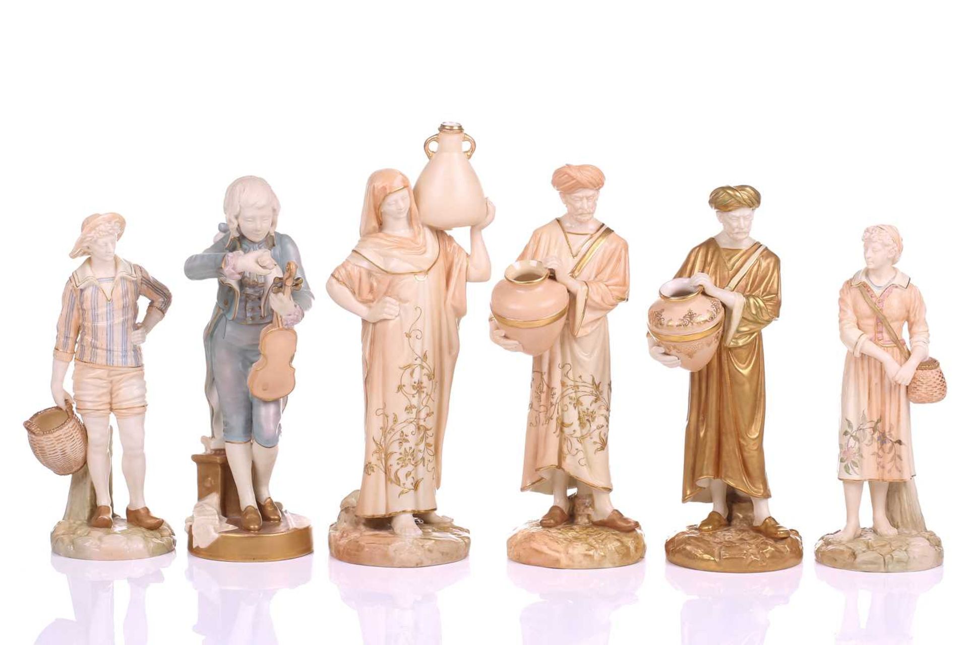 A collection of Six James Hadley for Royal Worcester, stained ivory and shot silk porcelain figures,
