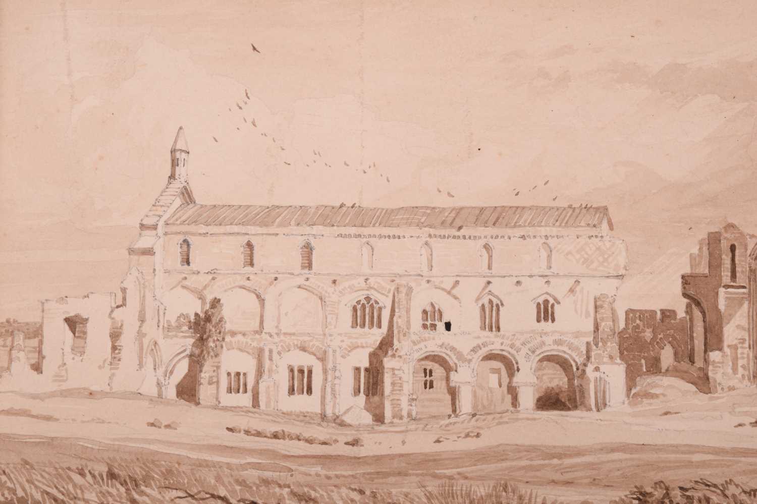 Miles Edmund Cotman (1810 - 1858), 'Binham Priory' signed and dated 1840, monochrome watercolour, - Image 5 of 6