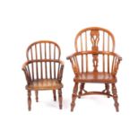 A late Victorian ash, elm and yew wood child's "Bullrush Backed" Windsor armchair with a saddled