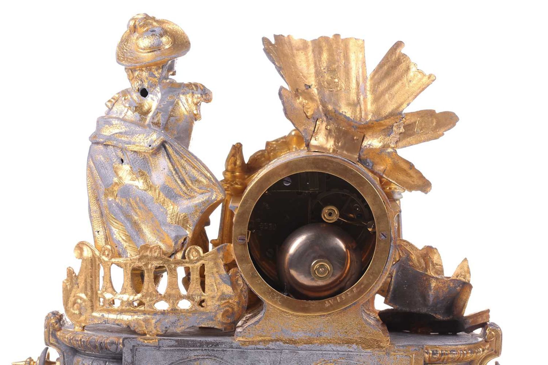 A late 19th century French parcel gilt spelter clock, depicting a nobleman standing beside a drum - Image 5 of 14