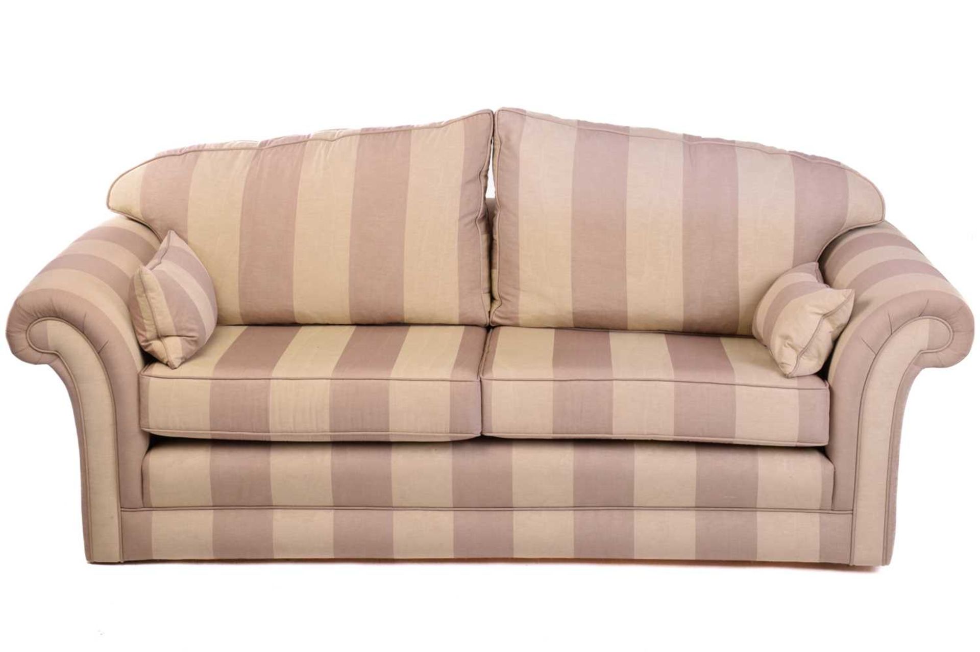 A pair of contemporary good quality traditional two-seat sofas with damask effect broad striped - Image 7 of 11