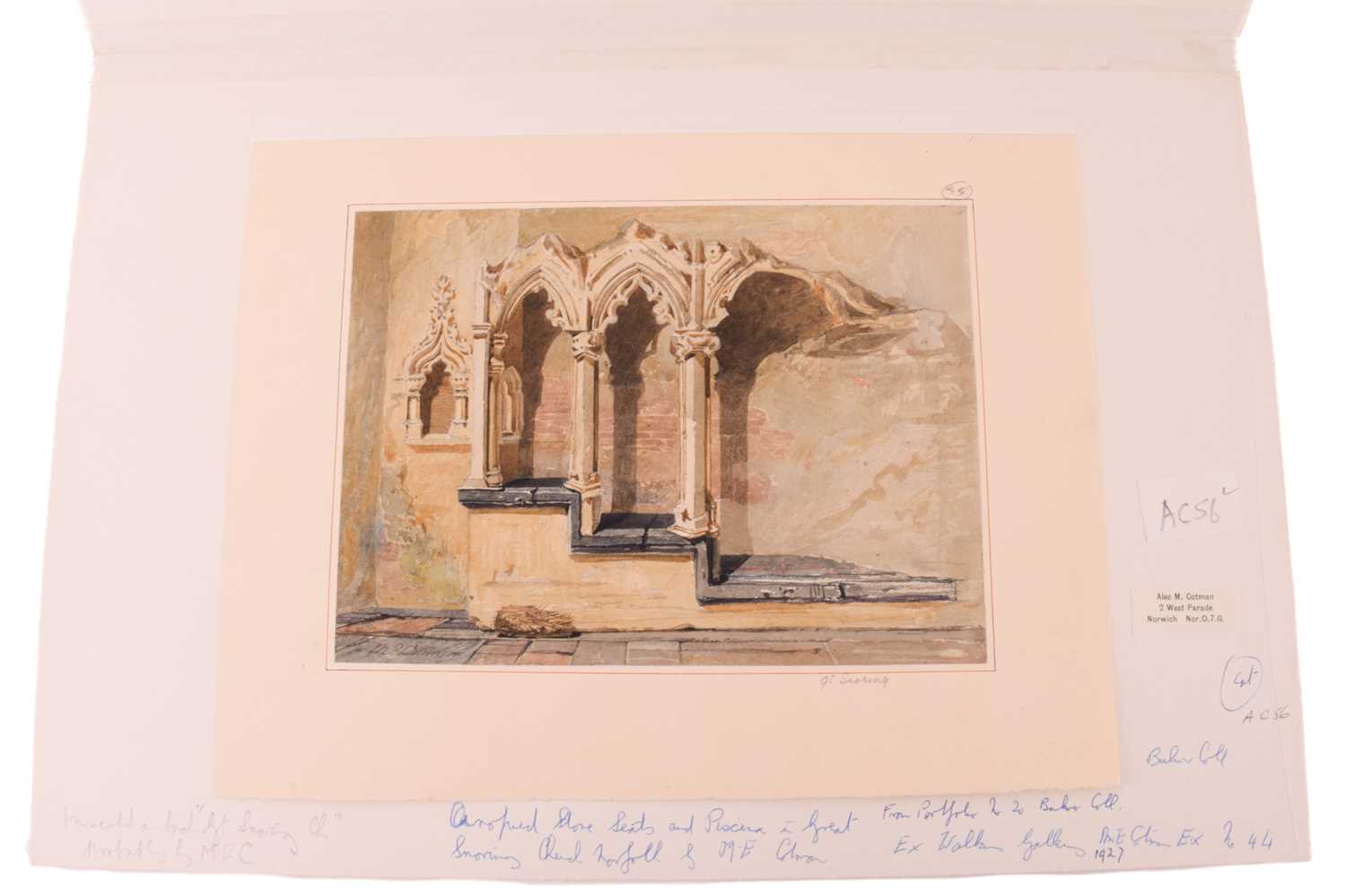 Miles Edmund Cotman (1810 - 1858) 'Sedilia & Piscina in Great Snoring Church, Norfolk', signed, - Image 3 of 6