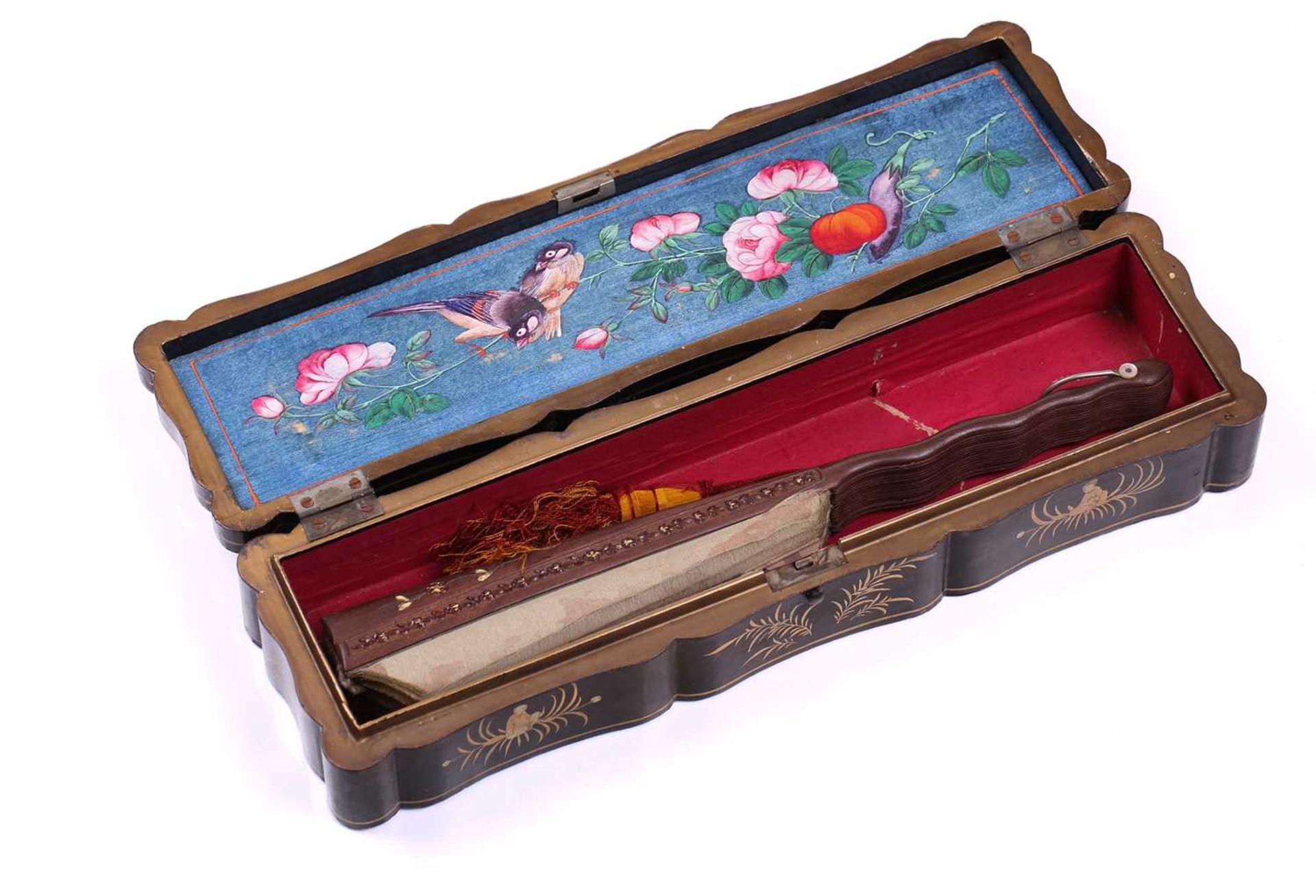 A 19th-century Chinese black and gilt lacquered fan box, containing a European fan (a/f), the box 36