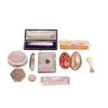 Collection of mother-of-pearl items including a Palais Royal type mussel shell needlework etui