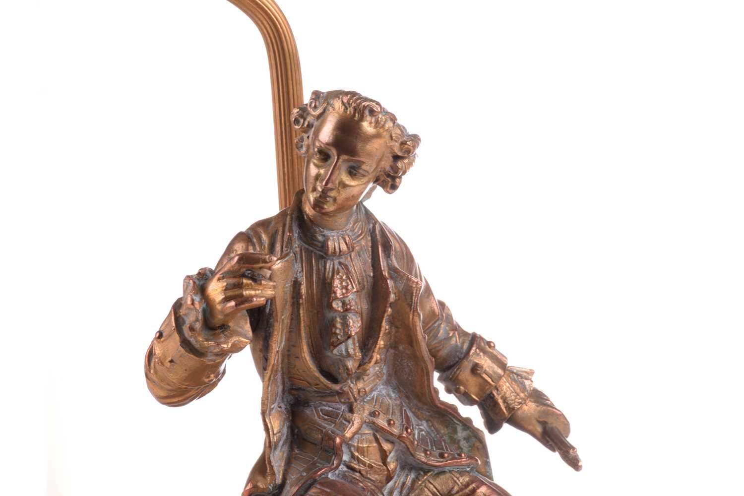 A 20th-century copper and gilt brass figural table lamp, modelled a seated dandy, 68 cm high to - Image 4 of 7