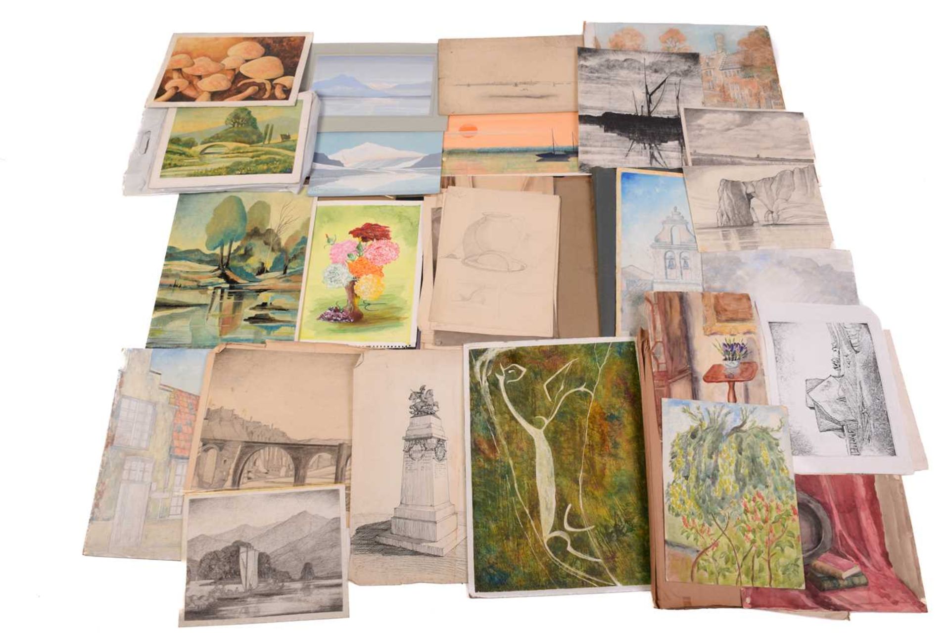 A portfolio containing a large quantity of loose acrylic, watercolours and pencil sketches by Alec